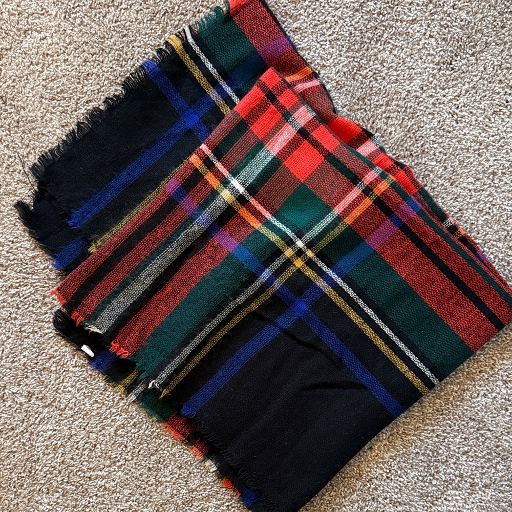 Plaid Blanket Scarf with Fringe